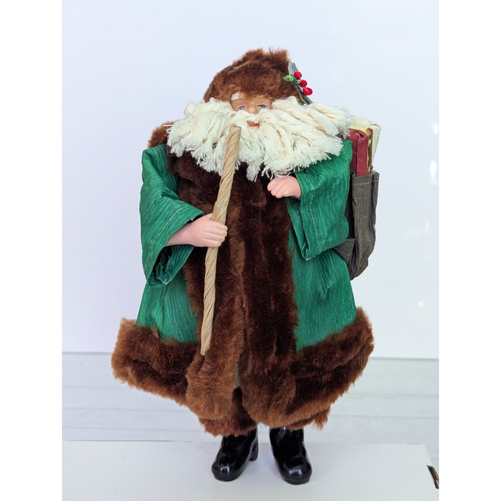 Vintage Folk Art Santa 9" Figure Plastic Mold Green Crepe Robe Fur Trim Taiwan